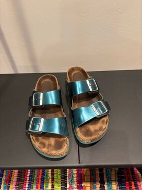Birkenstock Metallic Teal Double-Buckle Slide Sandals